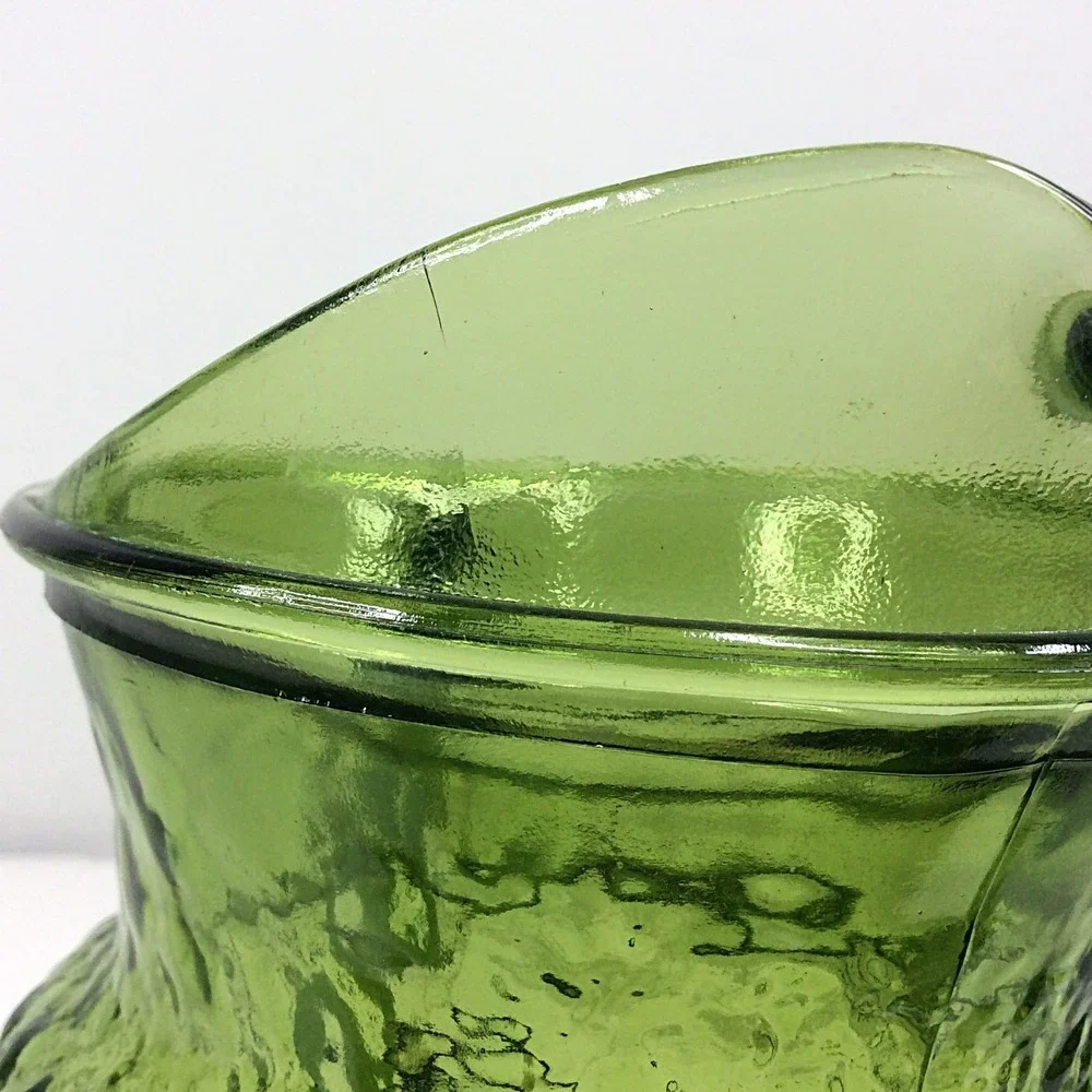 Vintage Anchor Hocking Rain Flower Avocado Green Glass Pitcher 60s 70s MCM